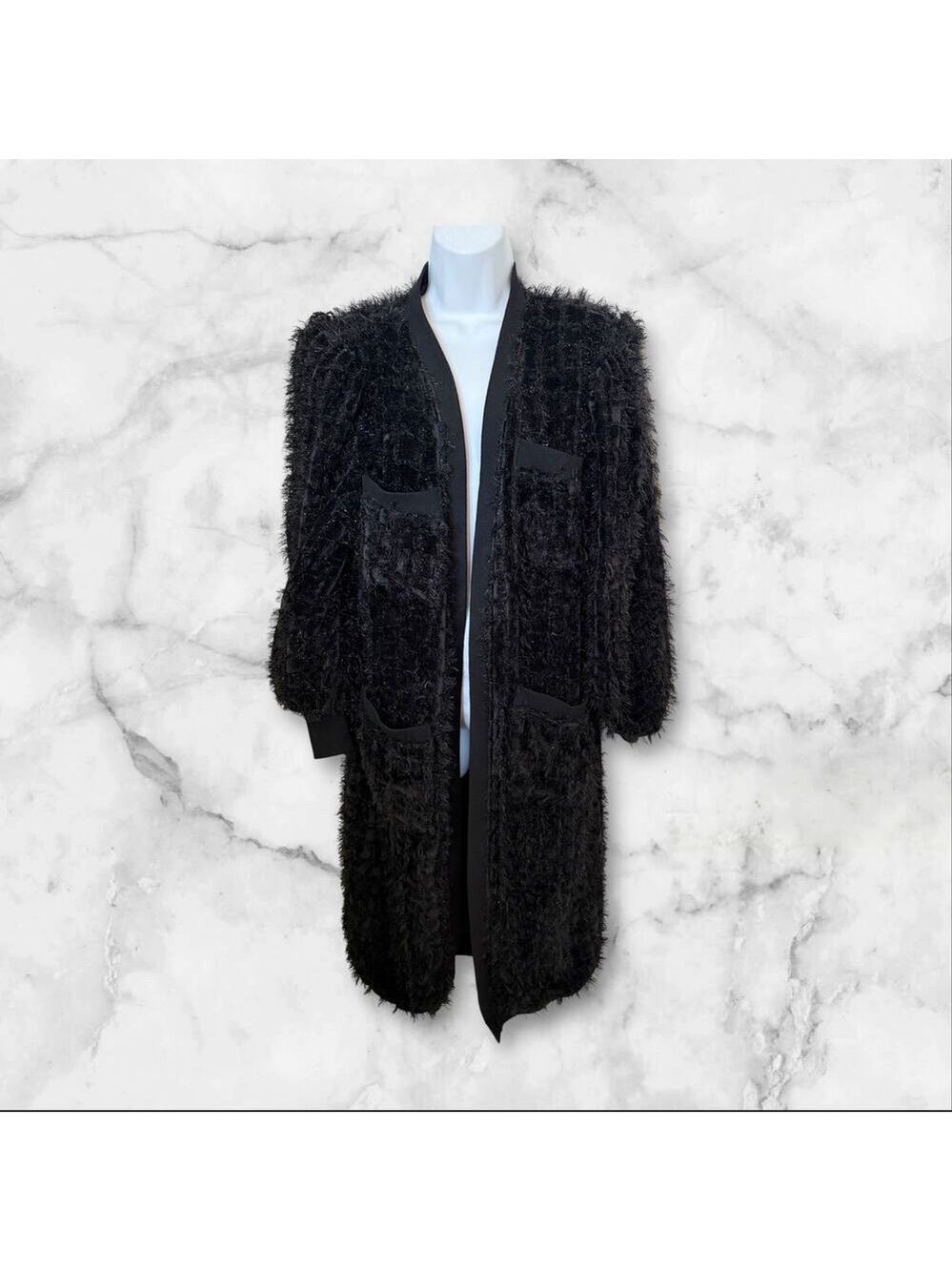 Sophie So & Colour House Black Textured Longline Coat with Pockets